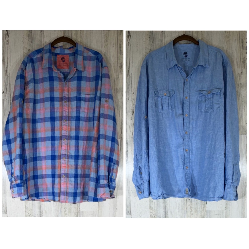 Ocean & Coast Button Down Shirt Size XXL Lot of 2 Blue Plaid 100% Linen Roll Tab